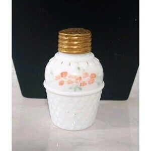 Antique Milk Glass Shaker Atterbury Style w/ 1857 Patent Lid Hand Painted Flower